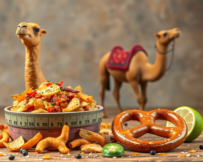 tape measure, nachos, pretzel, camel, red